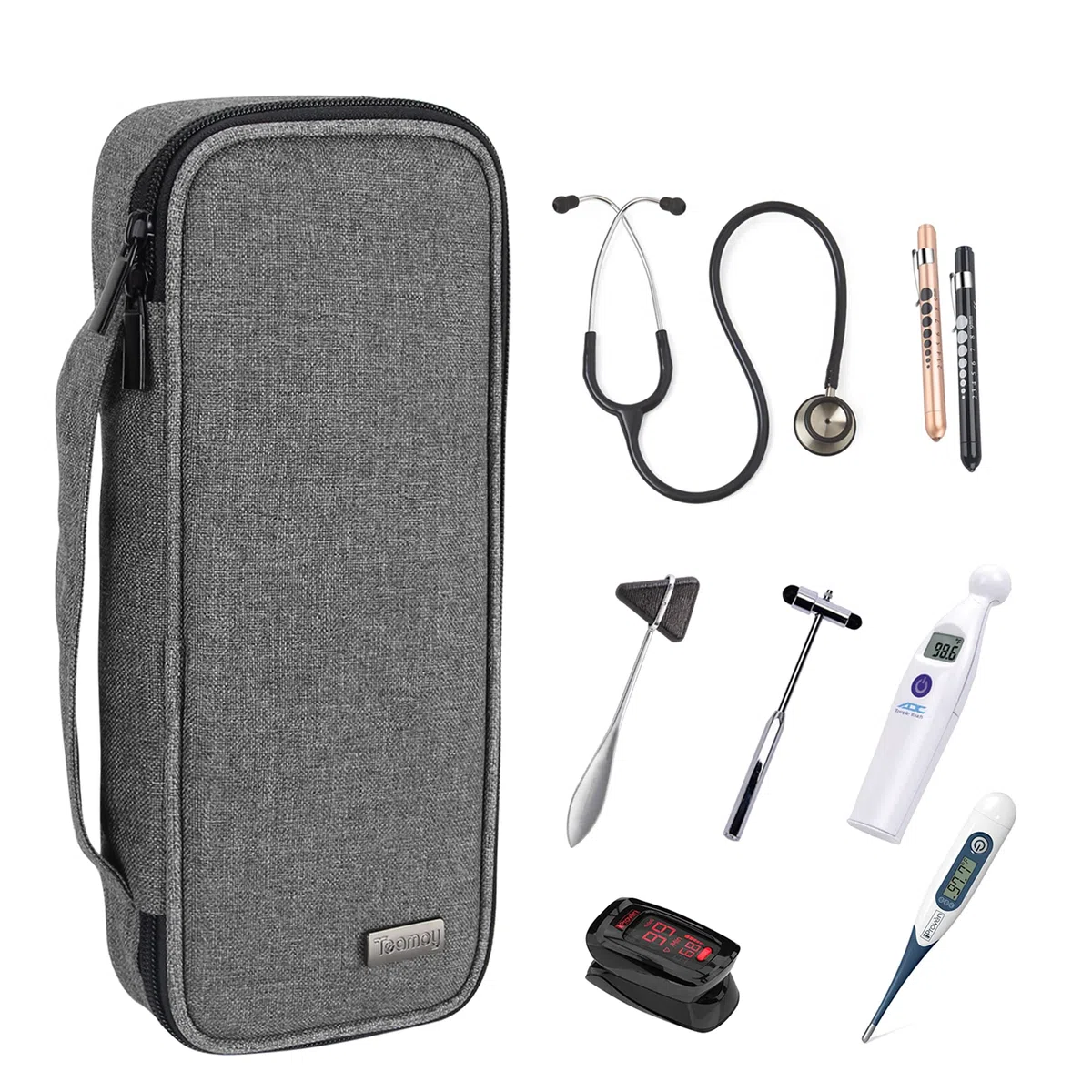 Teamoy estuche para estetoscopio, Bolsa de transporte compatible con el estetoscopio Littmann de 3M, linterna medica, Martillo neurológico y otros accesorios, Gris