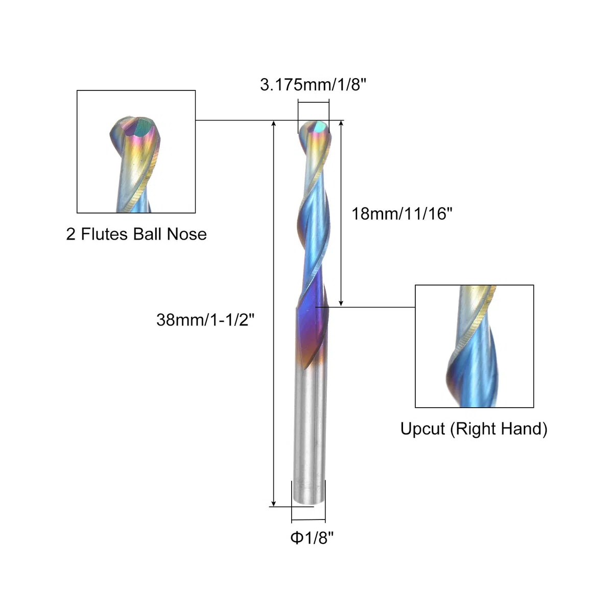 QUARKZMAN 10 Piezas de Fresas de Punta Esférica para Fresadora CNC, 1/8" Recubiertas de Nano Azul, de Carburo Sólido de 2 Flautas, Vástago de 1/8" (3.175 mm)