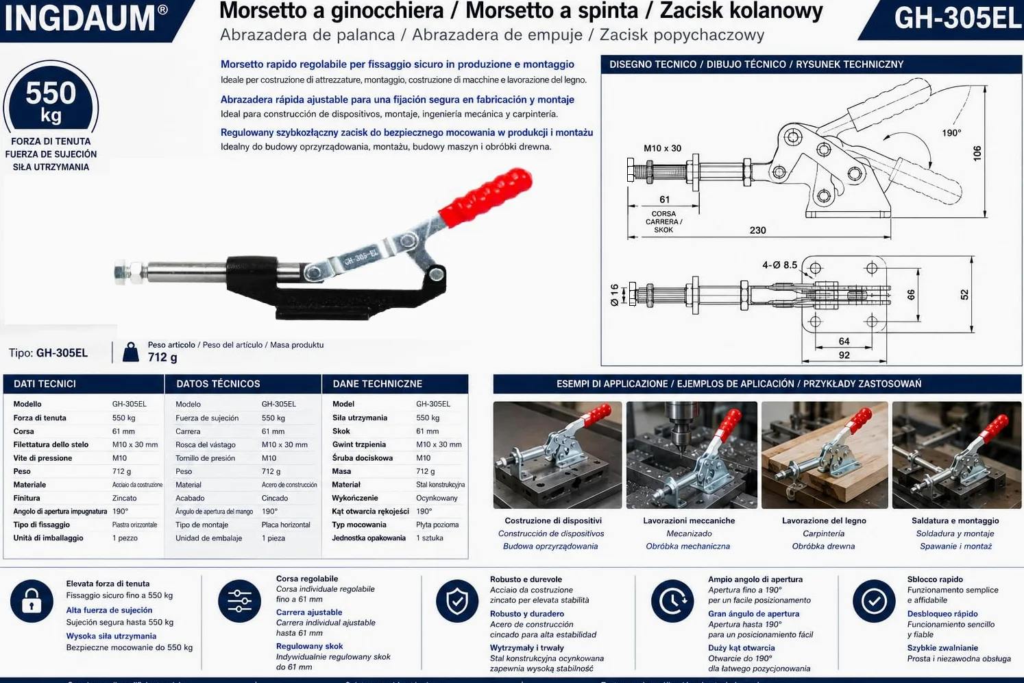 1 pieza GH-305EL, abrazadera de palanca con varilla de empuje, fuerza de sujeción 550 kg (1, GH-305EL)