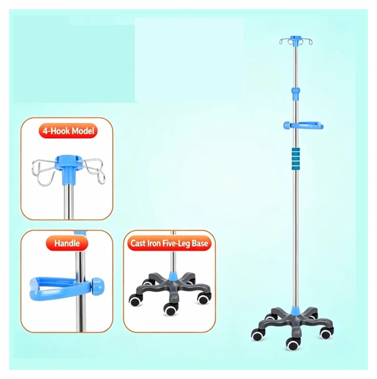Poste de soporte intravenoso portátil con asa rodante IV Soporte para suero | Poste con Ruedas Regulable en Altura, for Atención Clínica en el Hogar