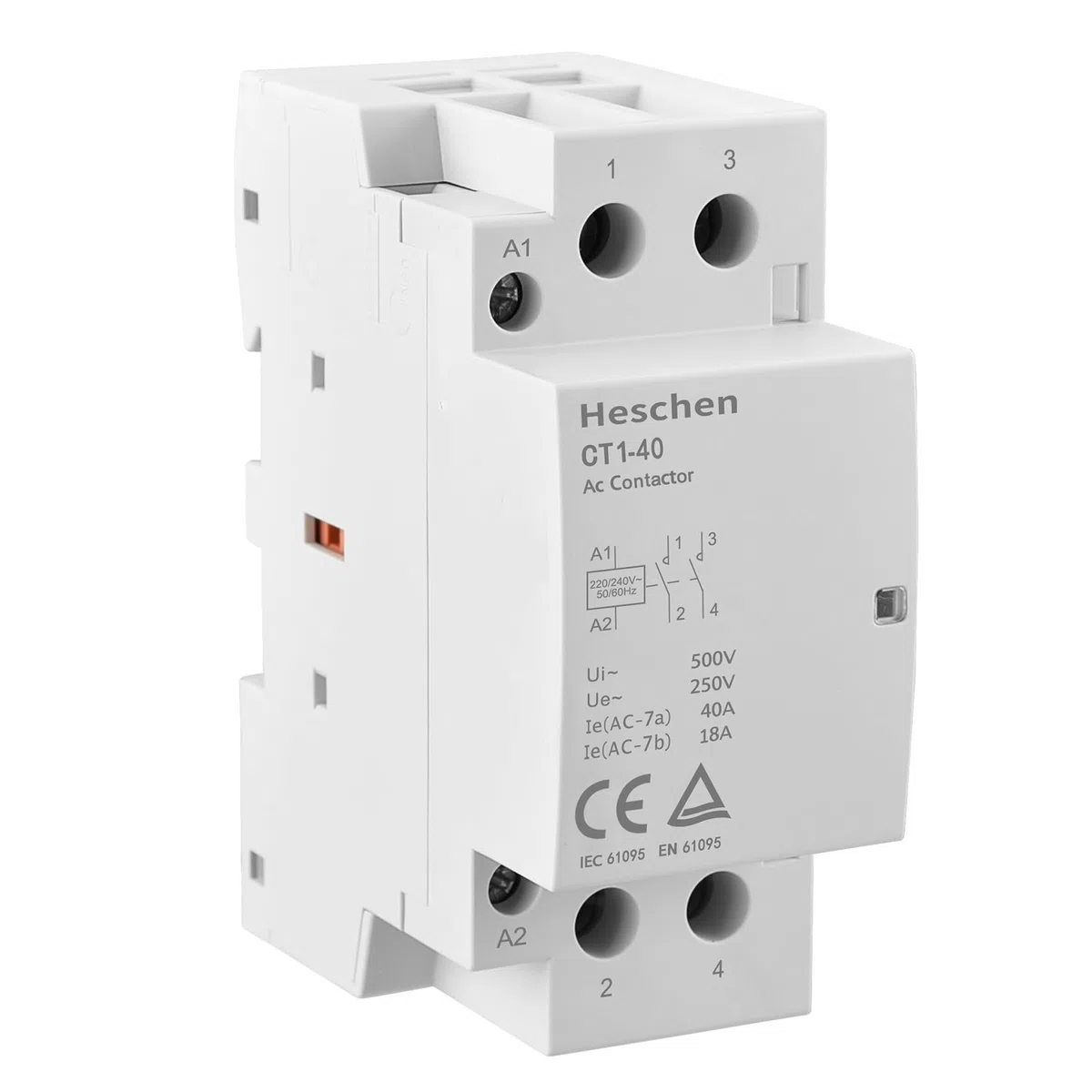 Heschen Contactor de CA para el hogar, CT1-40, Ie 40A, 2 polos, dos normalmente abiertos, voltaje de bobina de AC 220V, montaje en riel DIN de 35 mm