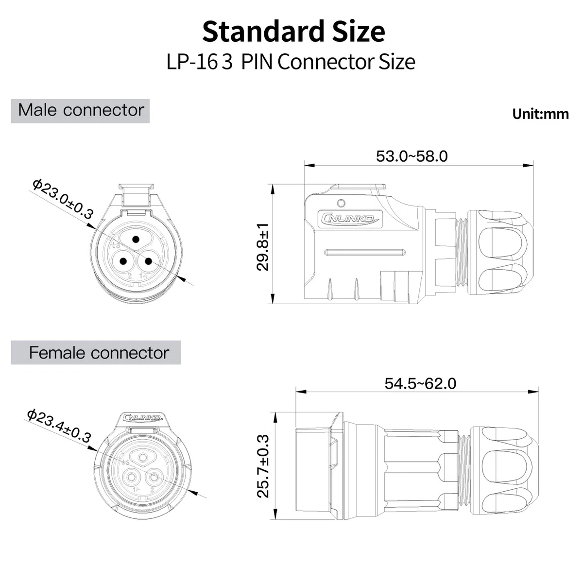 CNLINKO LP-16 Conector Impermeable de 3 Pines con Diseño de Enroscado, IP68 Enchufe Circular de Aviación, Par de Enchufes Macho y Hembra M16 (LP16 3-Pin con Roscado)
