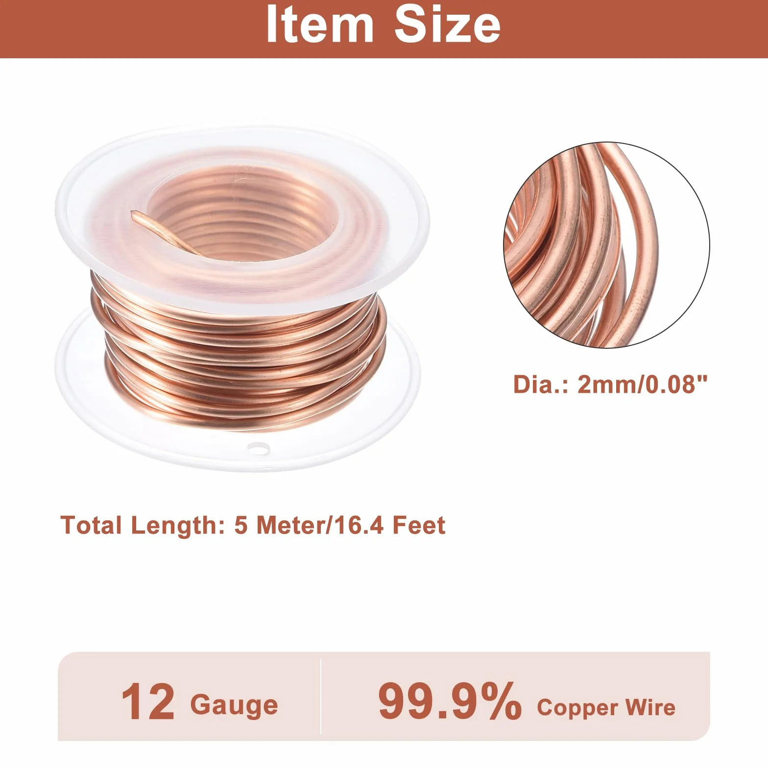 QUARKZMAN Alambre De Cobre Suave (Calibre 12, 16.4 Pies), Alambre De Cobre Desnudo 99.9% Puro 2mm Alambre Sólido Para Manualidades De Bricolaje Decoración De Jardinería (5 Metros)