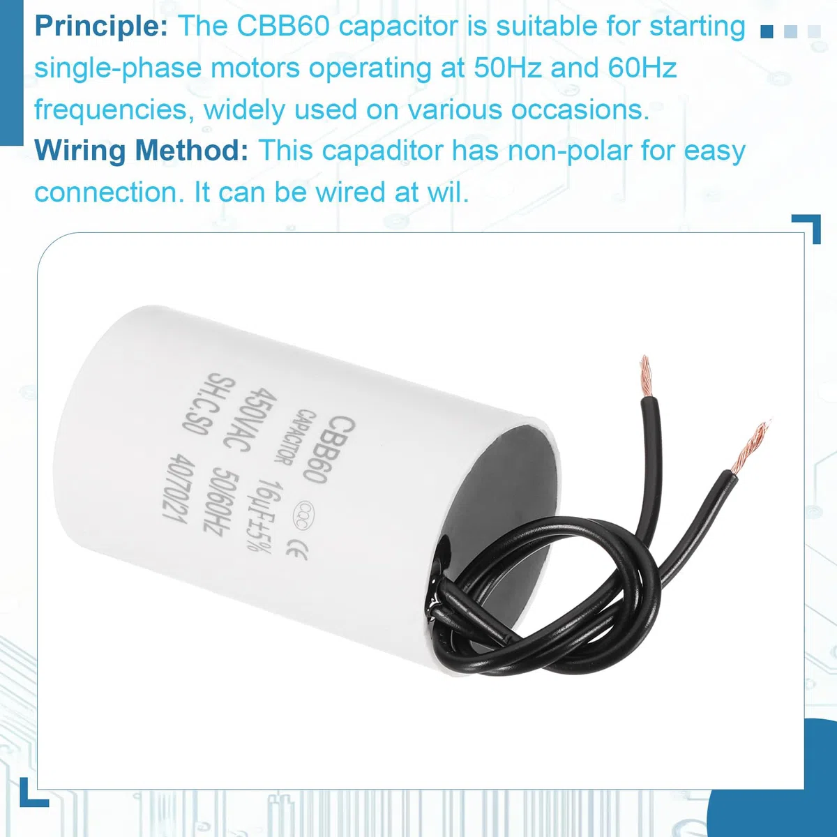 PATIKIL CBB60 16uF Condensador de Arranque, 2Pcs Condensador de Funcionamiento con 2 Cables, AC 450V con Frecuencia de 50Hz/60Hz, para Compresores de Aire y Bombas, Blanco