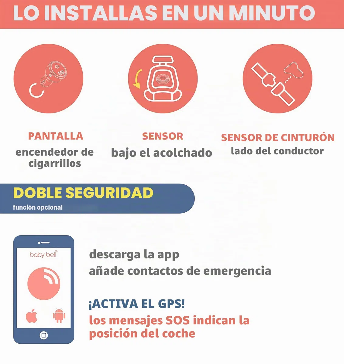 Steelmate Baby Bell Plus - Dispositivo antiabandono - Última generación - Ampliable a 2 sillas con almohadilla opcional - 100% universal
