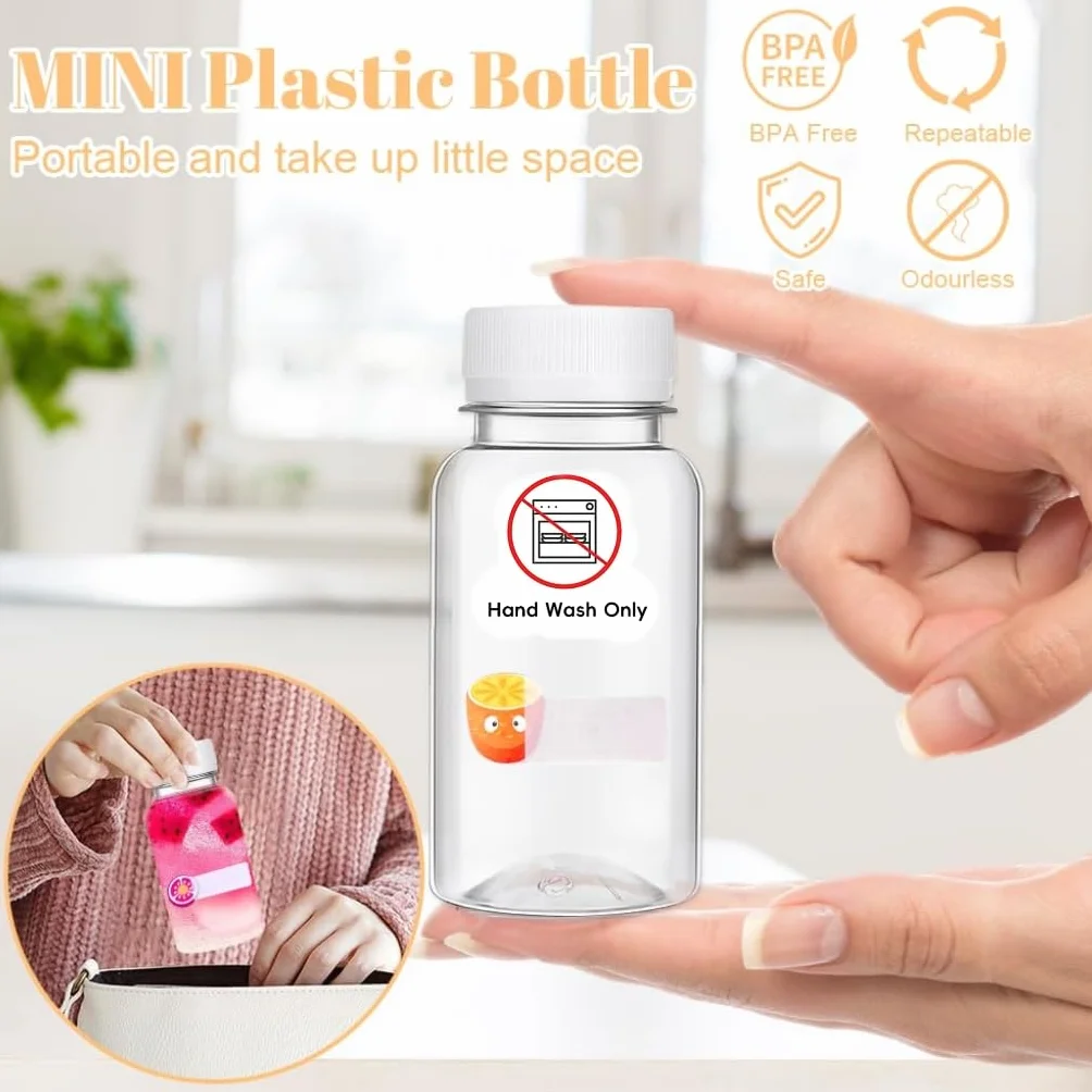 15 botellas de jugo con tapas, 100 ml, botellas pequeñas reutilizables de alto sellado, mini botellas de plástico con adhesivo para jugos de frutas, bebidas de agua (negro)
