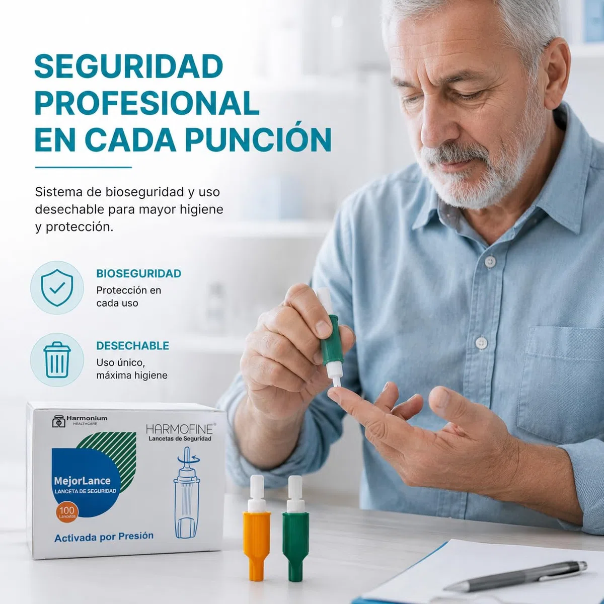 Lancetas de Seguridad Desechables Harmofine 30G | Lancetas Esteriles Universales | Caja 100 Unidades | Uso Diario y Profesional | Compatibles con Dispositivos de Lectura | Diseño Cómodo y Práctico.