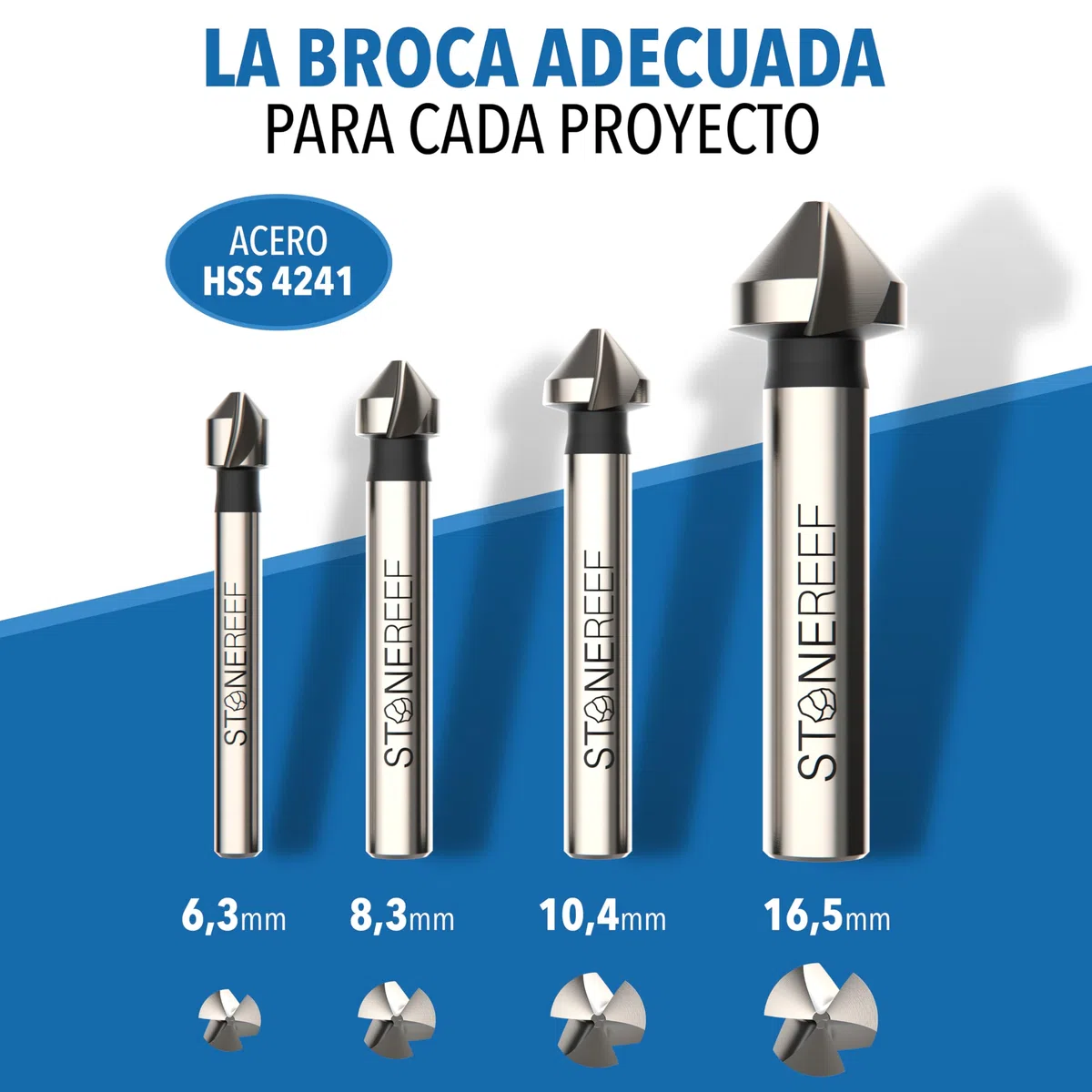 Juego de 4 avellanadores cónicos [6,3, 8,3, 10,5, 16,5 mm] HSS avellanador para metal y madera – avellanador de metal, avellanador de madera – Extra afilado por filo industrial – Cabe en portabrocas