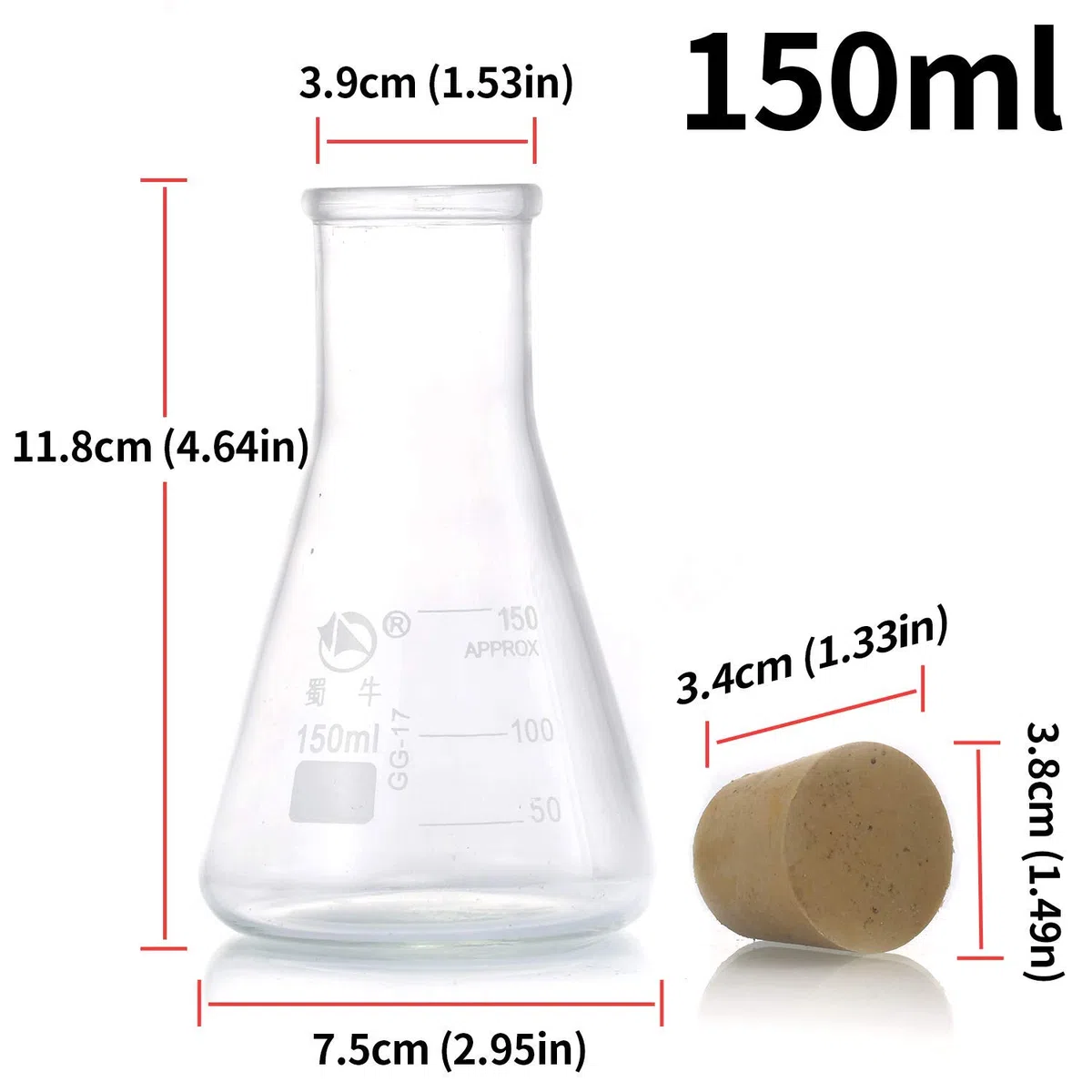Yizerel Juego de frascos de vidrio Erlenmeyer (250 ml, 150 ml y 50 ml) de vidrio de borosilicato graduado con tapones de goma y escalas precisas para laboratorio, estudios científicos, etc.