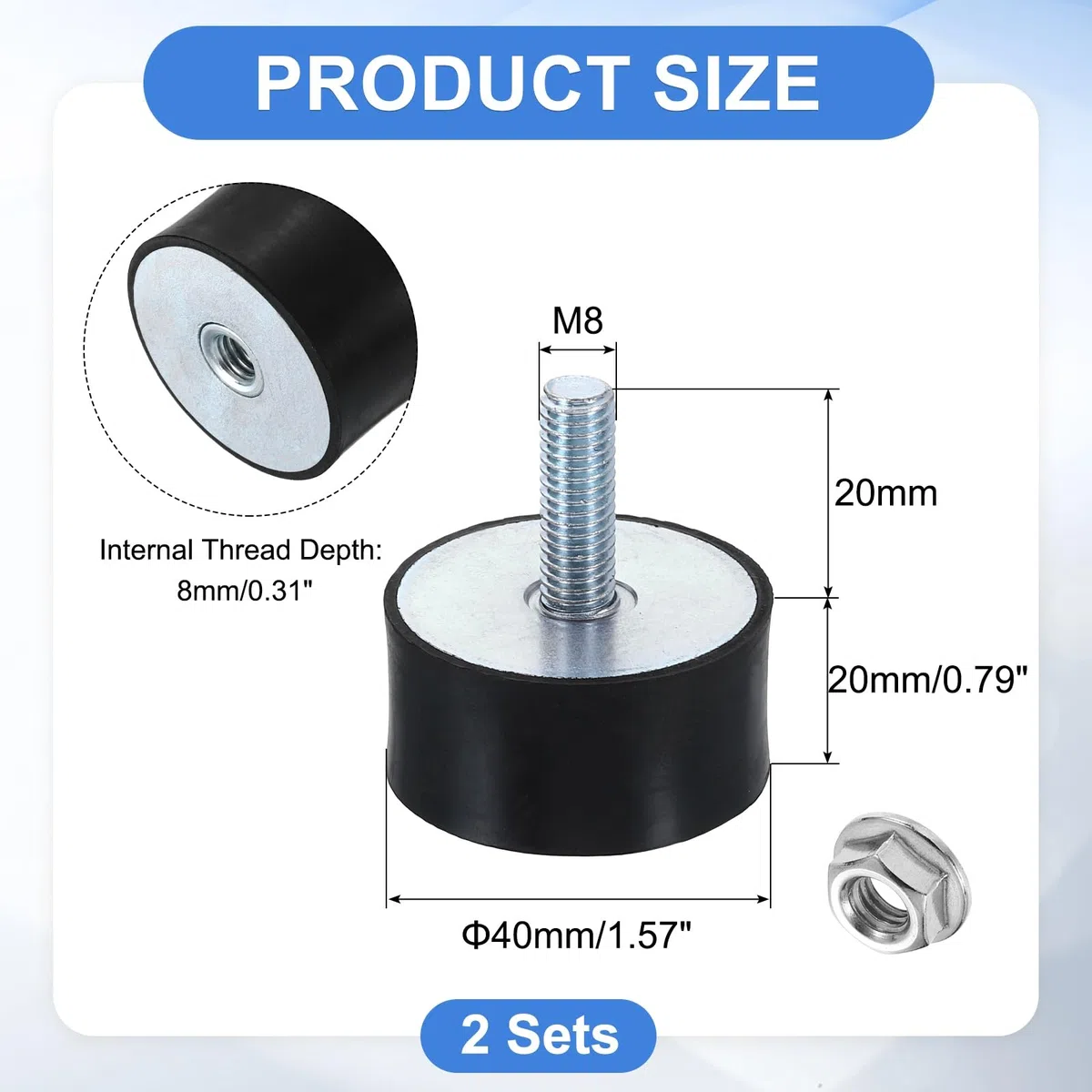 QUARKZMAN 2Pcs M8x20mm Soporte de Caucho Goma, 40x20mm(DxH) Aislamiento de Vibraciones Cilíndrico de Goma Amortiguador de Vibraciones con Tuerca de Coche Compresores de Aire