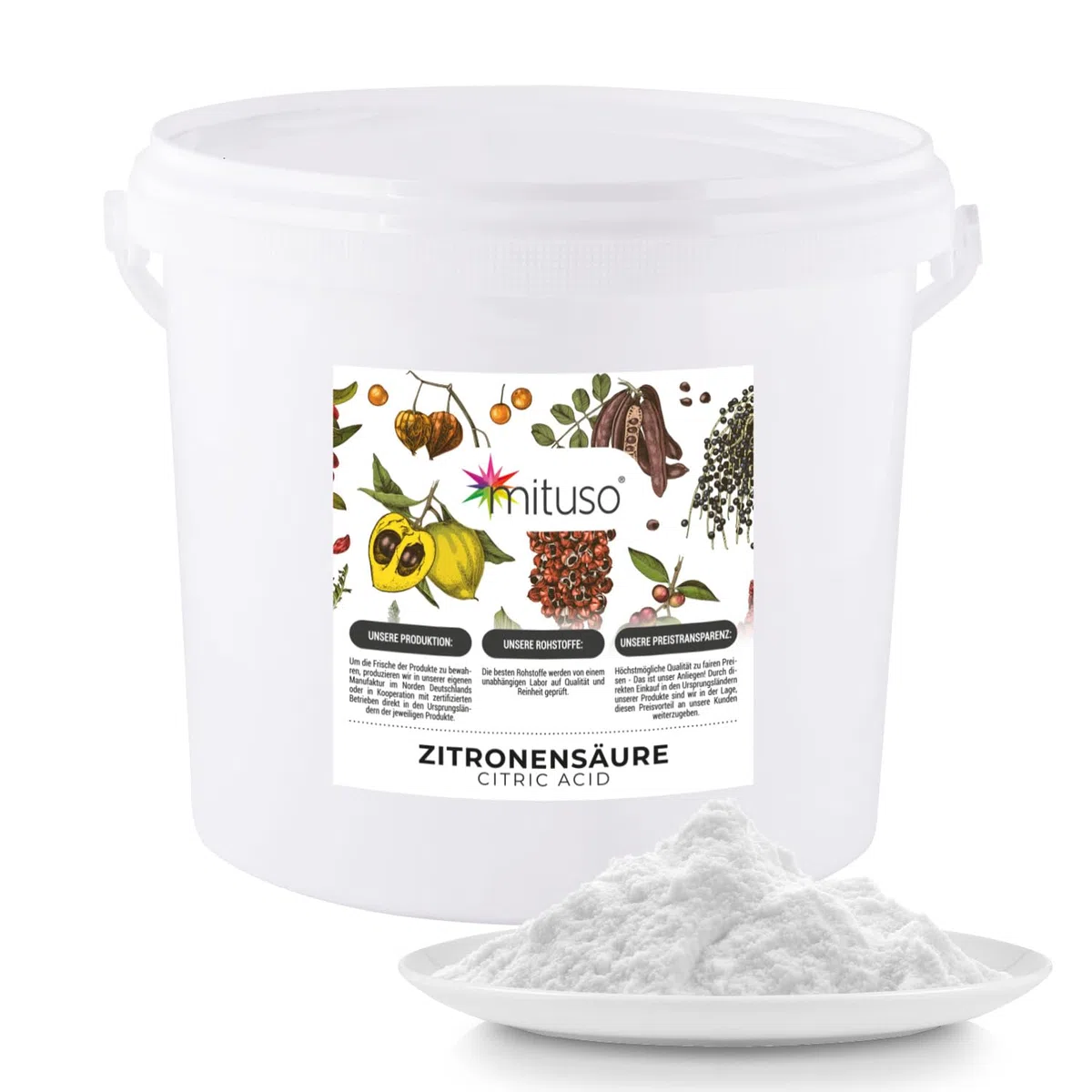 mituso 5 kg de ácido cítrico en polvo monohidrato, calidad alimentaria, ácido cítrico puro E330, sin OGM, ideal para limpiar, descalcificar, limpiar, cocinar, hornear (5 kg (1 unidad)