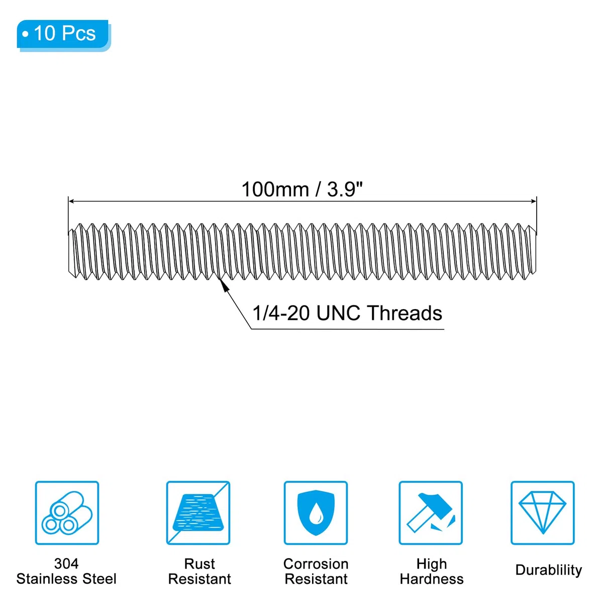 PATIKIL UNC 1/4"-20 Varilla Roscada Completamente de Acero Inoxidable 304 10 Piezas 3.9" L Tornillo Roscado Largo Rosca Derecha para Anclaje de Pernos Abrazaderas Colgadores
