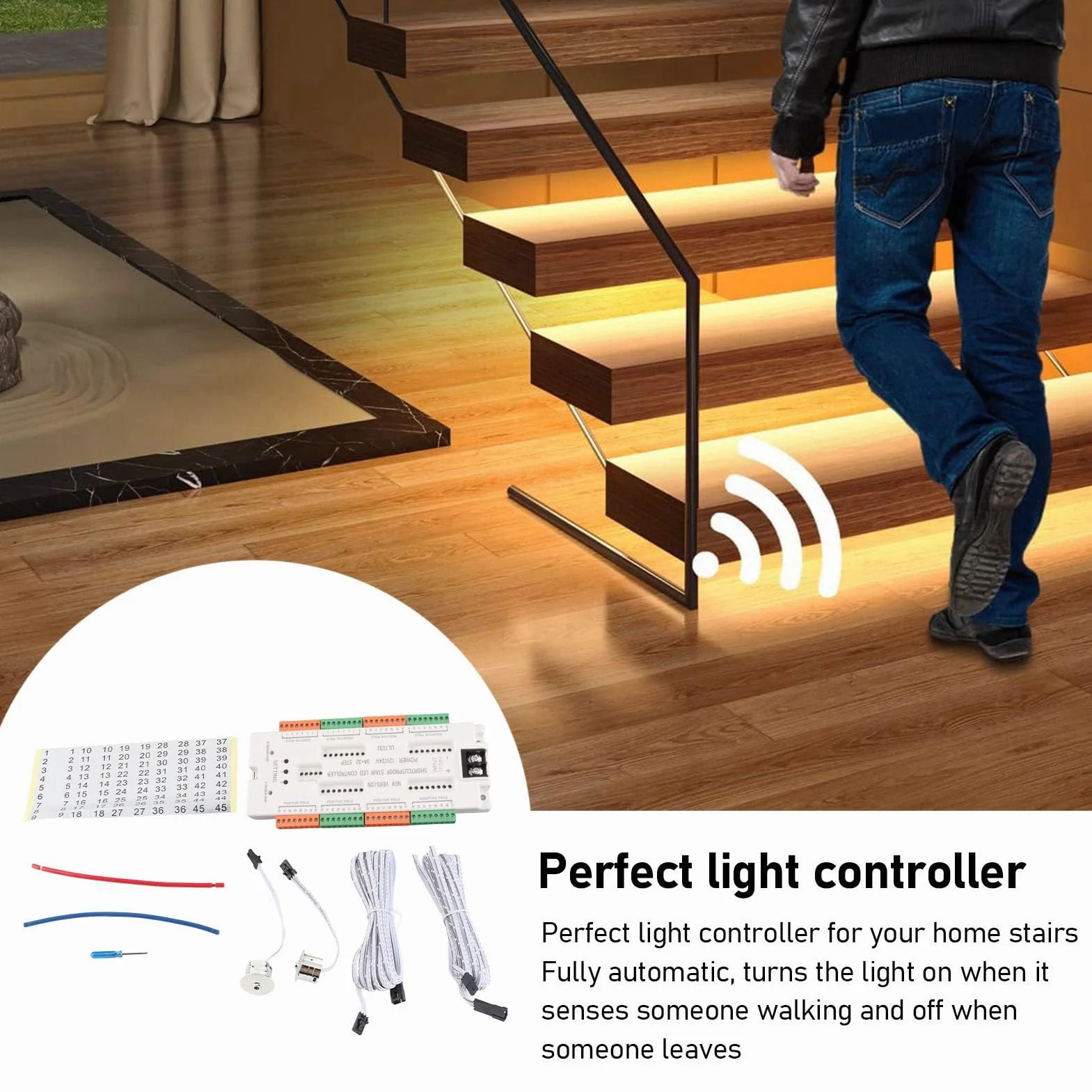 Controlador de Luz de Escalera con Sensor de Movimiento LED, Luces Numéricas Azules Brillantes Automáticas, Velocidad Ajustable, Ideal para el Hogar, Material ABS, Entrada DC12V