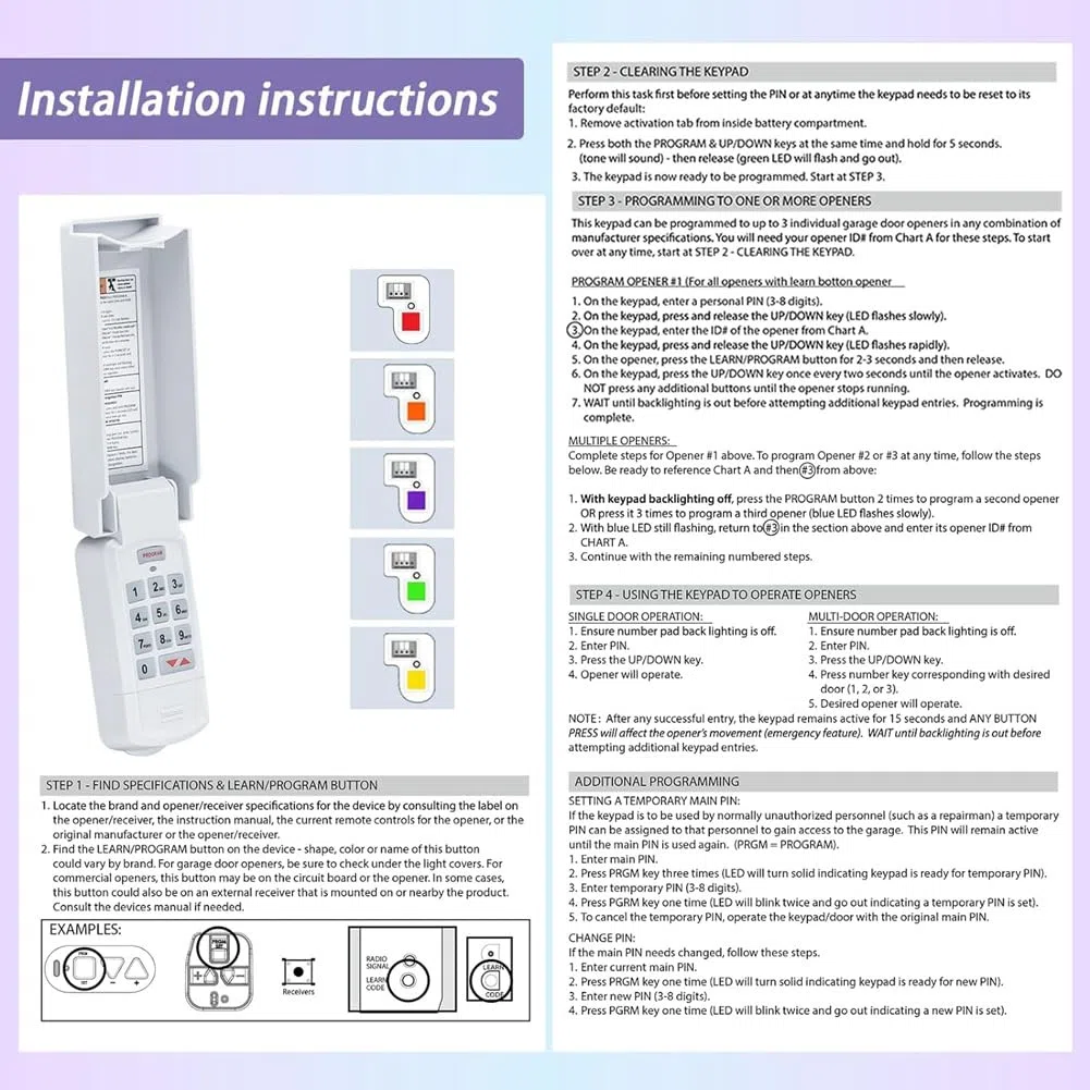 Teclado de Apertura de Puerta de Garaje Universal Inalámbrico -R, Compatible con Genie, Puerta Basculante y Abridores de Puerta de Garaje