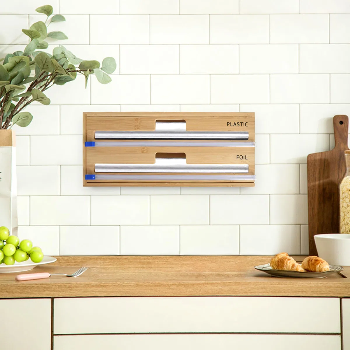 Dispensador de láminas 2 en 1 con cúter, cortador de papel, organizador de madera de bambú para cajón, incluye dispensador de pergamino y papel de aluminio