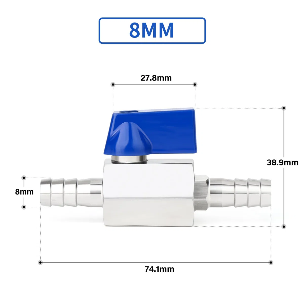 1Pcs 8MM Barb Válvula de bola con 2Pcs abrazaderas de manguera, 304 de acero inoxidable Mini válvula de cierre para el agua de gas combustible de riego por goteo y acuarios