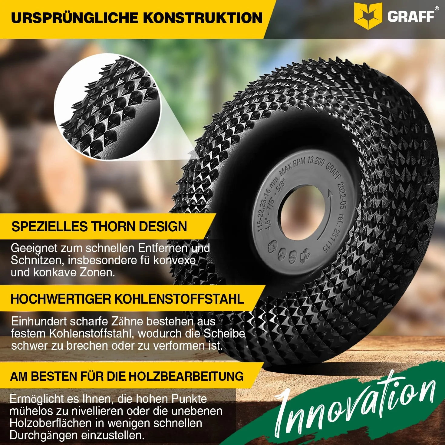 GRAFF Muela Amoladora 115 mm - Disco Madera Amoladora para Tallar y Moler Madera, Madera Blanda, Madera Dura - Disco Desbaste Madera de Carburo de Tungsteno para Amoladoras Angulares