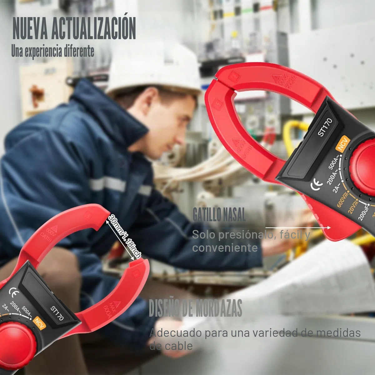 Tenazas de corriente, 6000 cuentas, 500 A CA/CC, apertura máxima de 30 mm, amperímetro, medidor de corriente, multímetro de tensión, capacidad de continuidad
