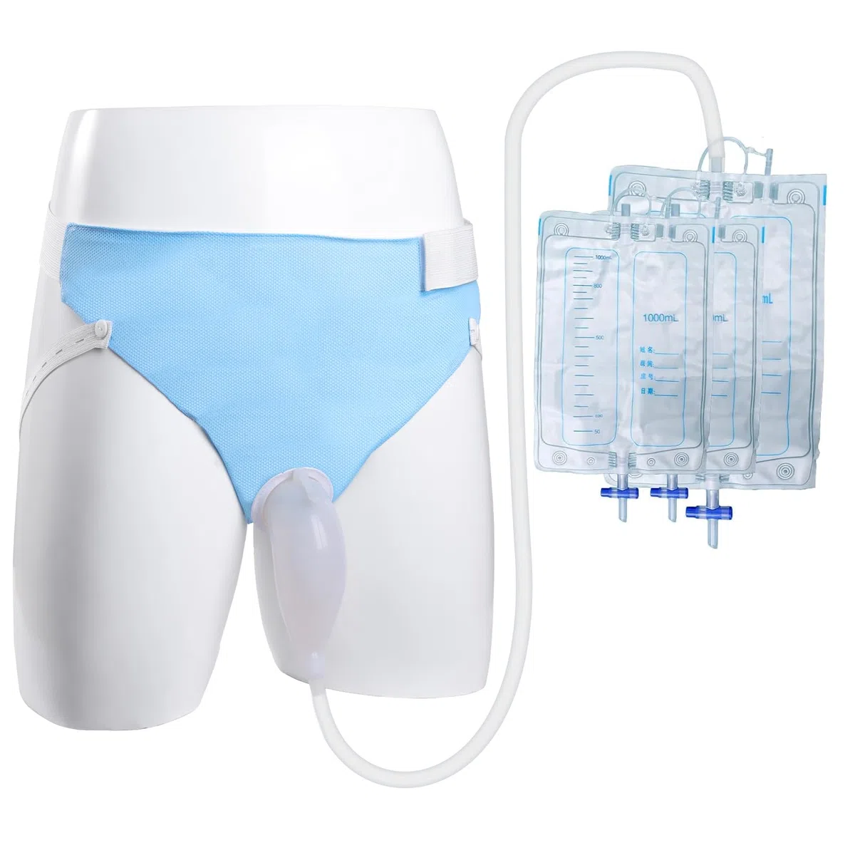 Bolsa de drenaje de orina para hombres, colector de orina, calzoncillos reutilizables para la incontinencia urinaria, cómodos y transpirables (1000 ml*2 + 2000 ml*1), azul