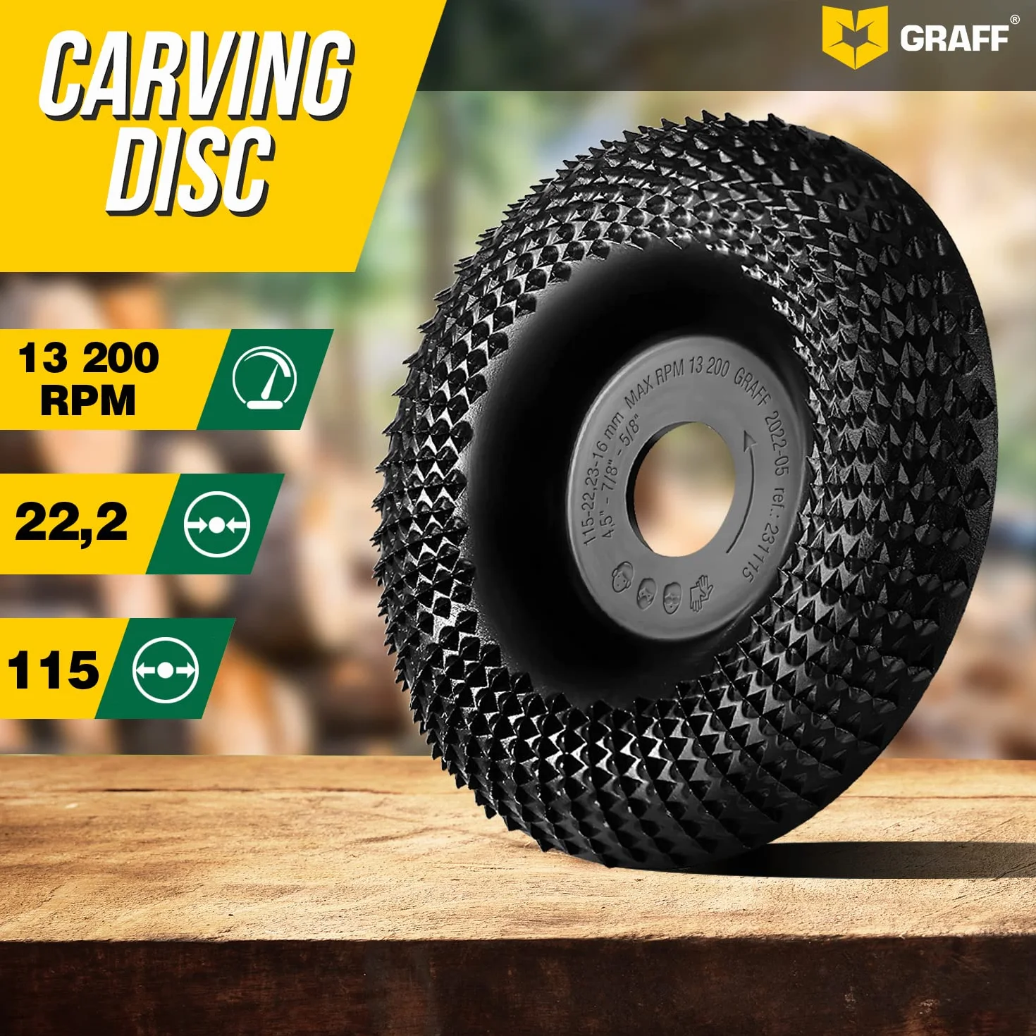 GRAFF Muela Amoladora 115 mm - Disco Madera Amoladora para Tallar y Moler Madera, Madera Blanda, Madera Dura - Disco Desbaste Madera de Carburo de Tungsteno para Amoladoras Angulares