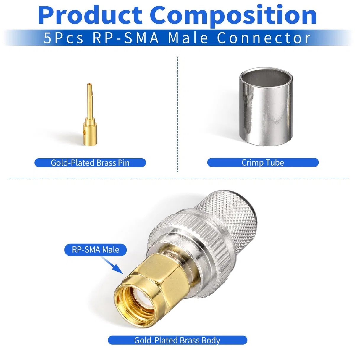 Superbat Kit de Conector RPSMA 5Piezas RPSMA Macho Conector de Crimpado y Soldadura 50ohm Conector Coaxial RF para Cables LMR-400 RG8 RG8/U RG213 y Belden-9913.