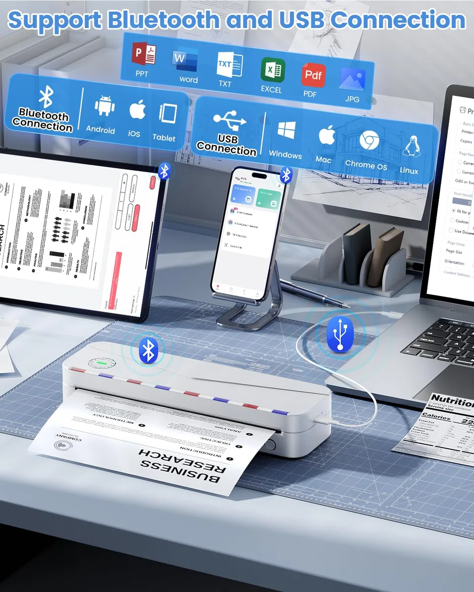 Phomemo M836 Impresora Termica A4, Impresora Sin Tinta Portatil, Conectividad Bluetooth y USB para Viajar, Trabajar y Estar en Casa