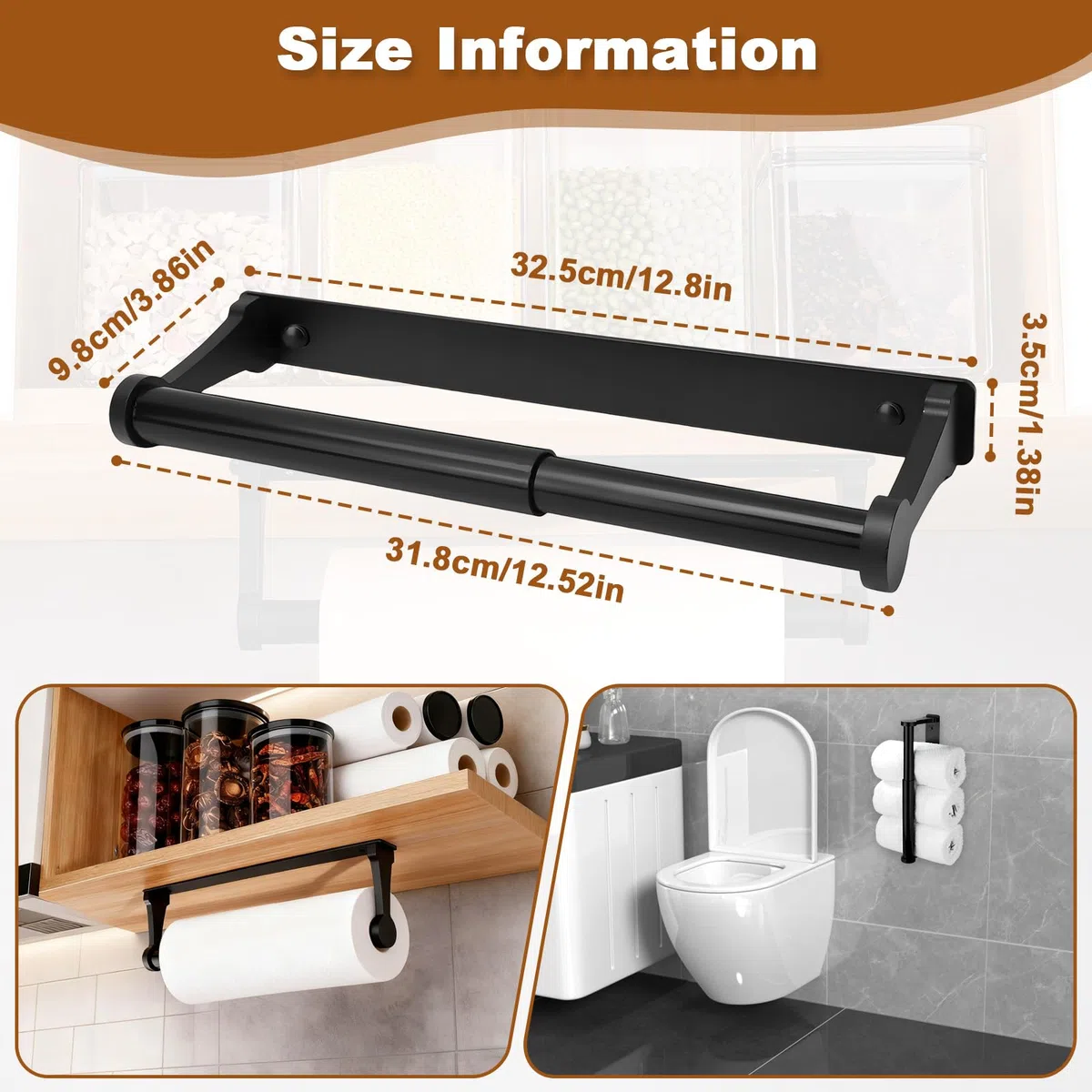 Portarrollos Papel Cocina, Soporte Papel Aleación Aluminio, Porta Rollo Montaje Pared Autoadhesivo y Perforación, Accesorios Higiénico, Porta Rollos para Baño & Salón (Negro)