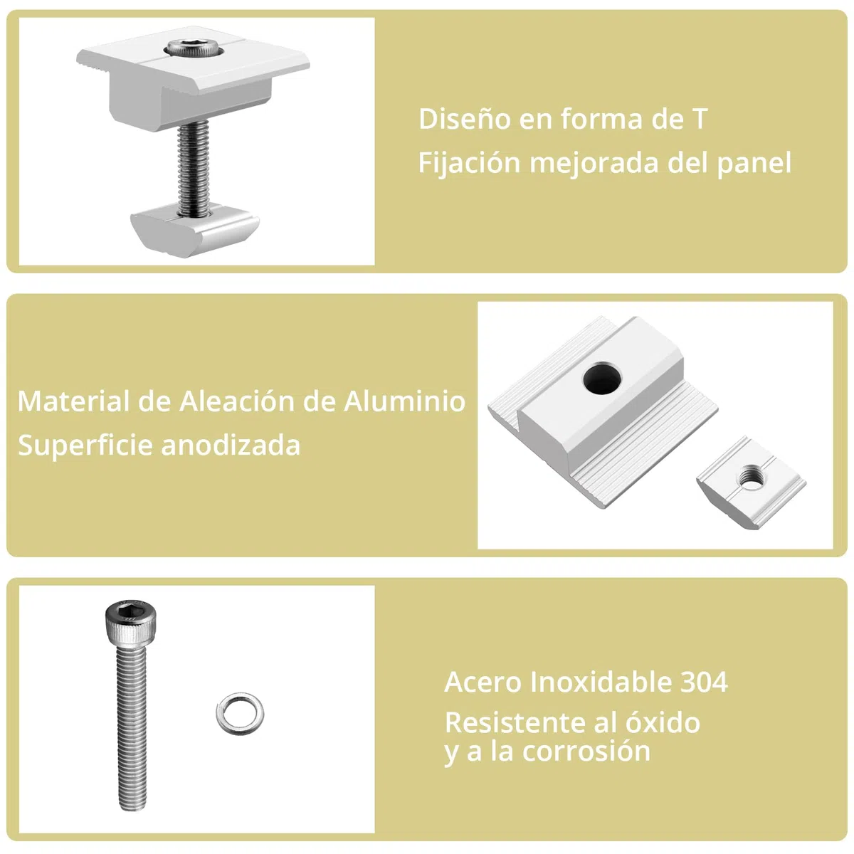 Anbte 10x Soporte de Montaje de Panel Solar, Abrazaderas Centrales para Panel Solar 30mm en Forma de T Aleación de Aluminio Tornillos M8 * 48mm para 30-35mm Enmarcado Paneles Fotovoltaicos
