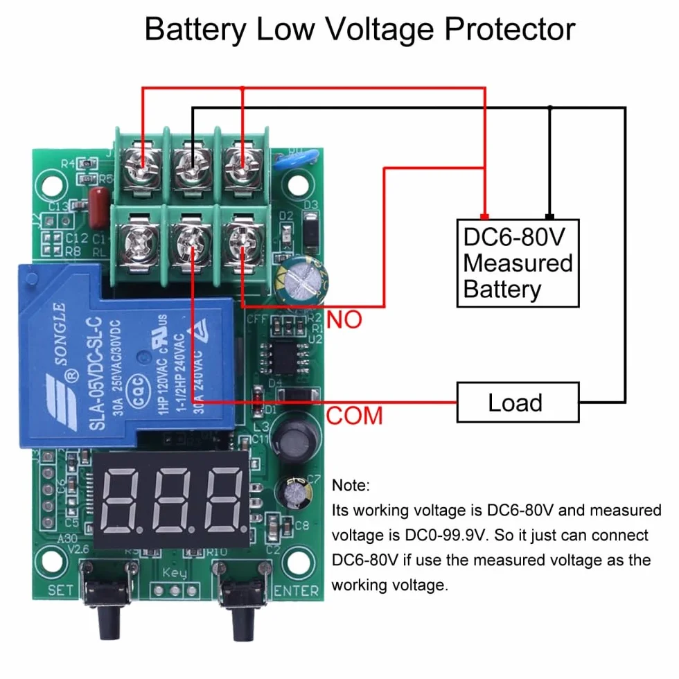 Módulo de monitorización de voltaje con retardo, módulo de monitor de voltaje A30-U1 DC 0-99,9 V, controlador de relé de relé programable, protector de batería