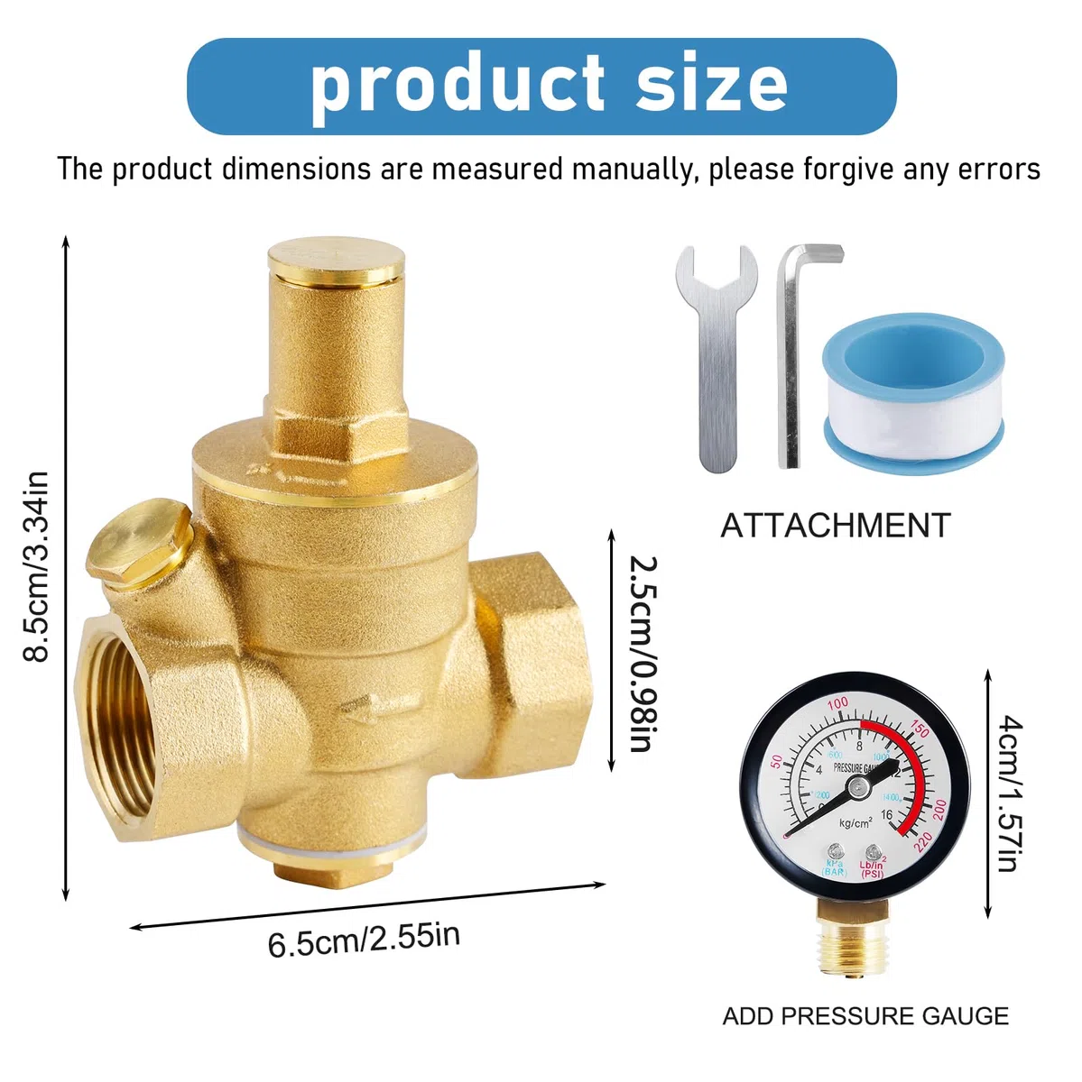 Reductor de presión y agua 3/4 pulgadas DN20, con manómetro y válvula de ajuste, de latón