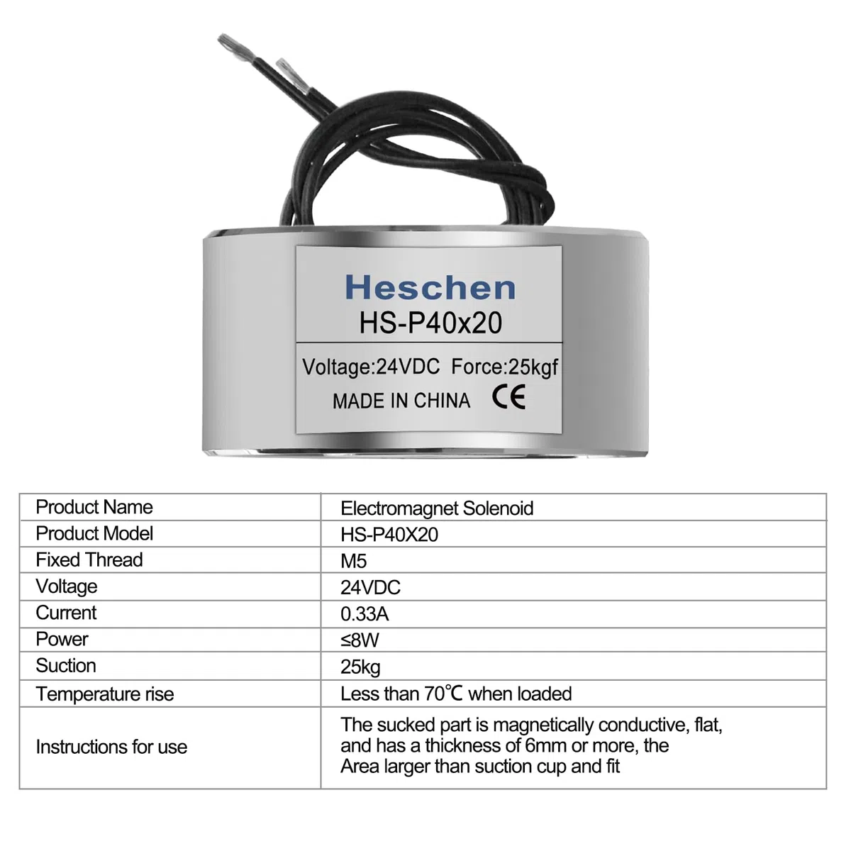 Heschen Solenoide magnético electromagnético P40/20, diámetro exterior: 40 mm, CC 24 V, 25 kg