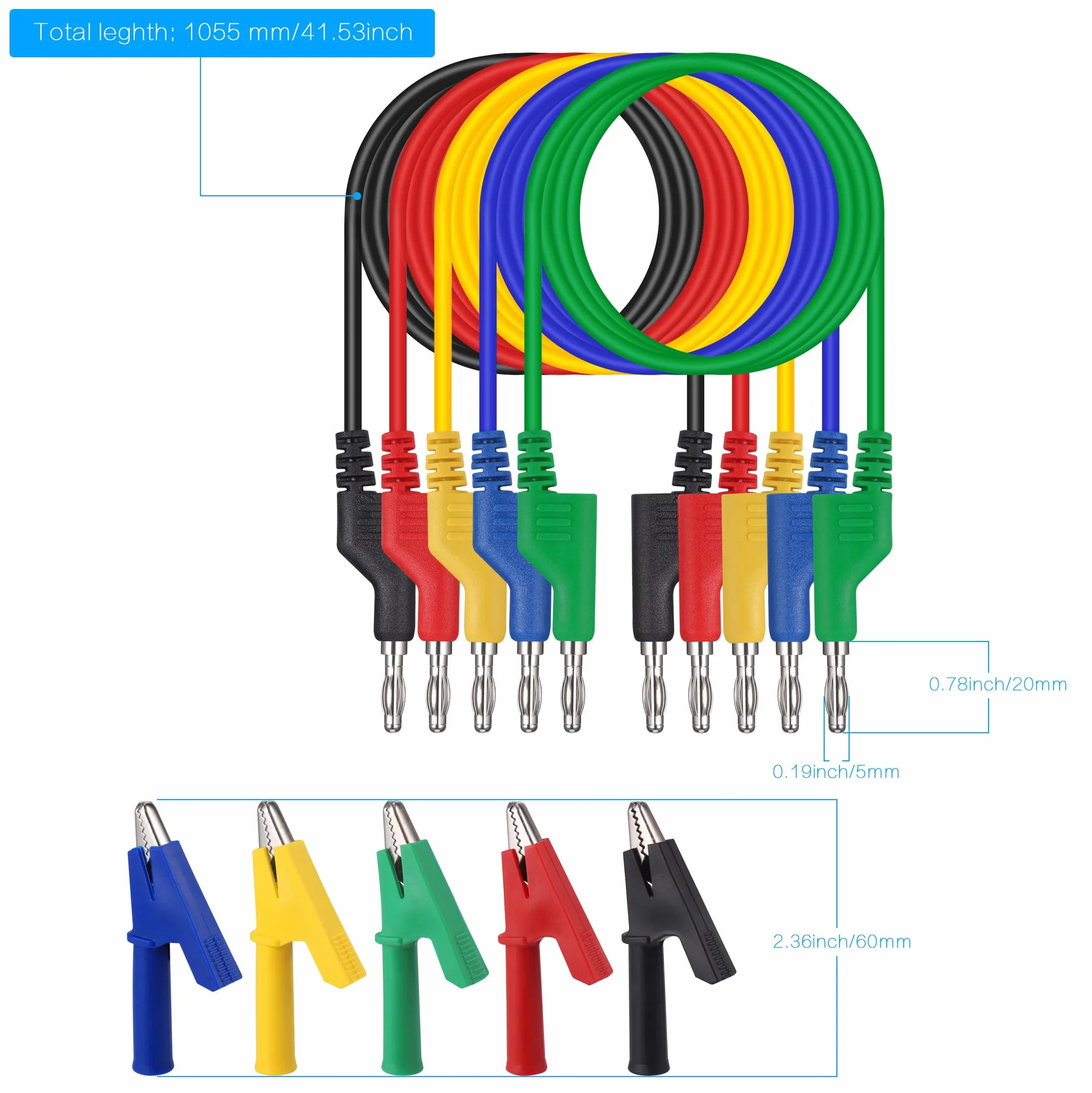 Hejo 15 Piezas Cables de Multímetro, Kit de Cable de Prueba de Sonda para Pruebas con Multímetro, 105cm 5 Colores Cable de Prueba de 4 mm con 10 piezas Pinzas de Cocodrilo