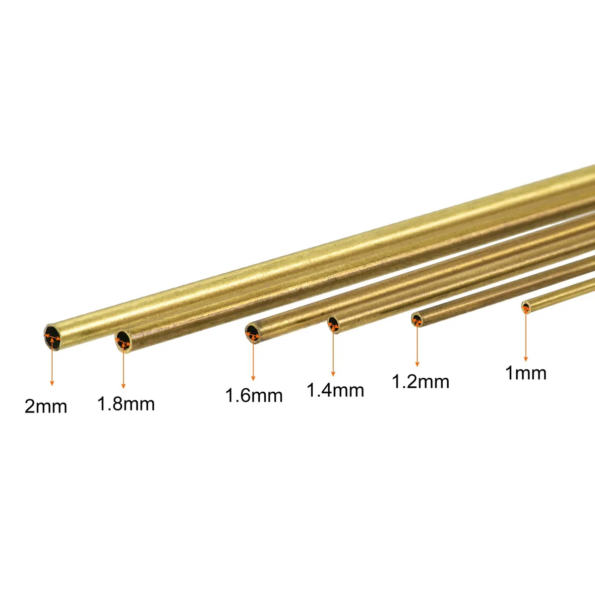 sourcing map Tubo de latón, 1 mm, 1,2 mm, 1,4 mm, 1,6 mm, 1,8 mm, 2 mm OD x 0,2 mm, grosor de pared de 300 mm de longitud, paquete de 6