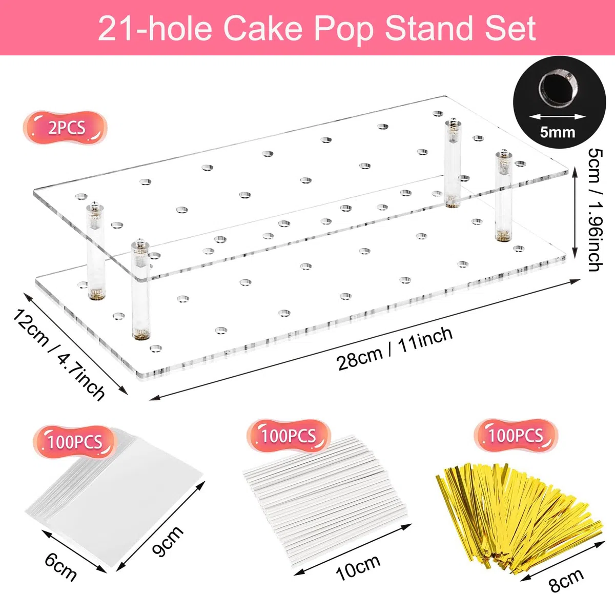 2 Piezas Soporte para Piruletas y Pop Cake, 21 Agujeros Soporte para Cake Pops de Acrílico con 100 Palitos de Piruleta, Expositor de Cake Pop para Bodas Baby Showers Fiestas de Cumpleaños