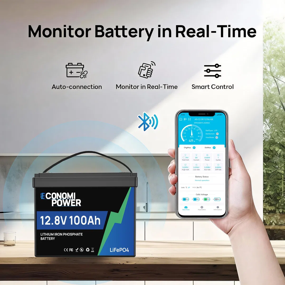 Batería de Litio Recargable (12 V, 100 A, 100 A, BMS, 4000 – 15000, Deep Cycle Lithium Battery, 1280 Wh) para Placas Solares, Camping Car, Motores de Curricán