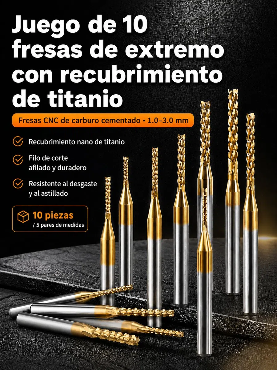 VOBOR 10pcs Fresas de Extremo de Carburo 1-3mm, Titanio Capa 1.0mm 1.5mm 2.0mm 2.5mm 3.0mm Fresas CNC para PCB Acrílico Madera Aluminio Metal