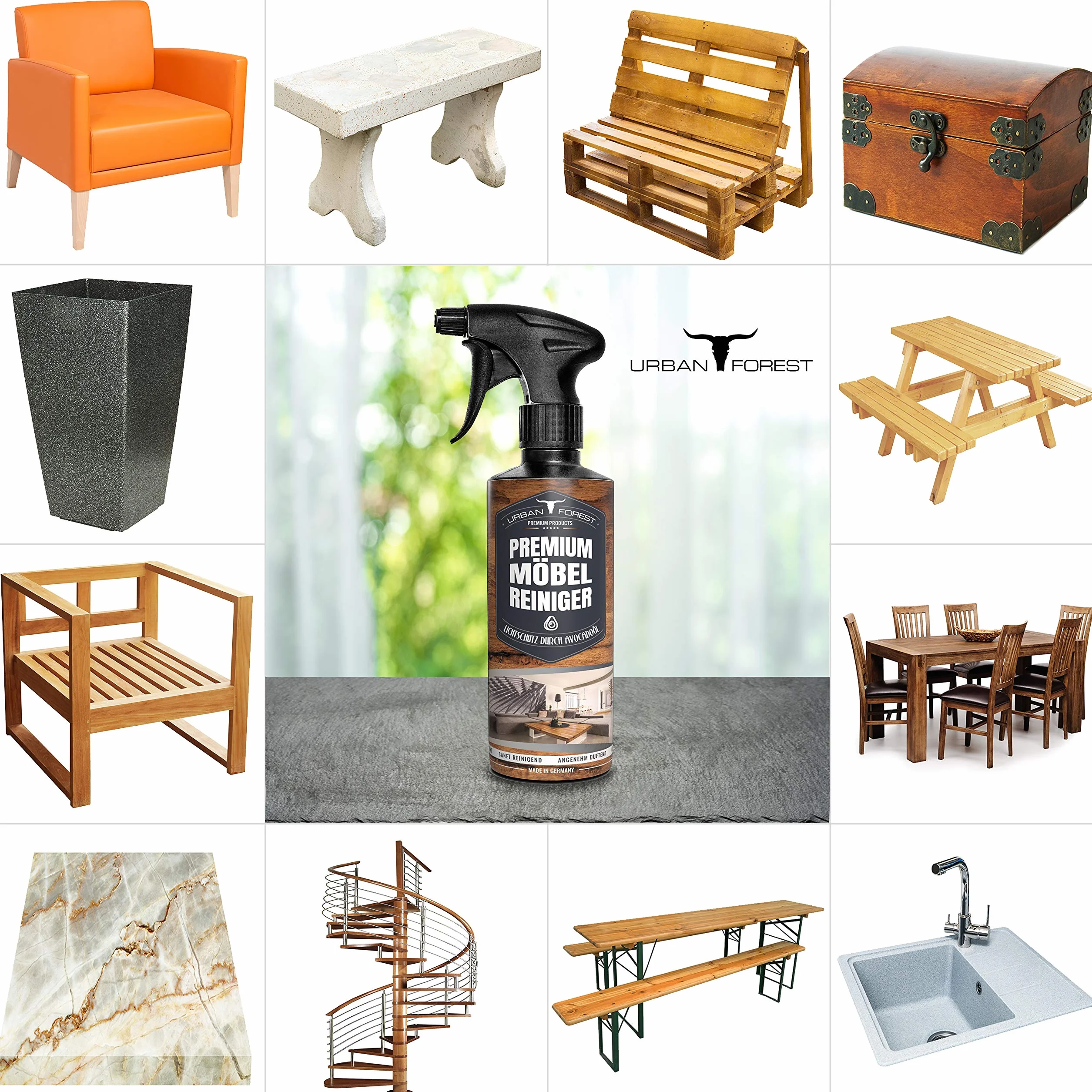 Limpiador de muebles prémium, cuidado y limpieza de muebles, superficies de barniz, superficies de plástico, cuero sintético, natural y piedras artificiales, superficies de piel, bosques urbanos