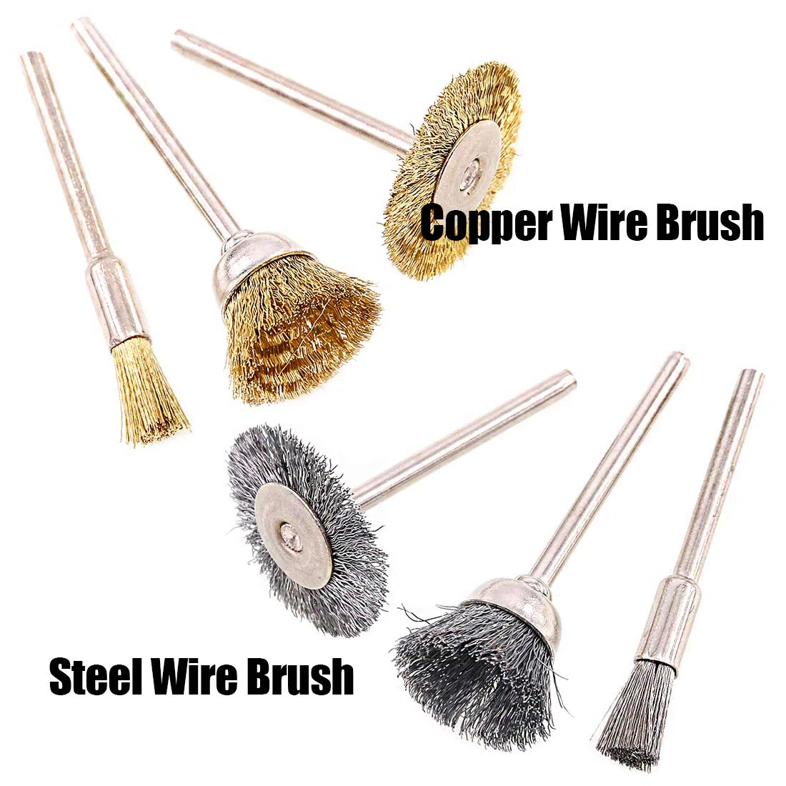 Swpeet Kit de 72 cepillos de rueda de alambre, incluye juego de cepillos de alambre de latón y acero con vástago de 1/8" (3mm) para accesorios de herramientas rotativas, herramientas de pulido y