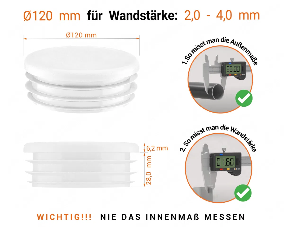 EMFA Tapa de Tubo Redonda Acanalada 120 mm Bianco - 1 Pieza de Plástico para Tubo de Acero - 12 cm