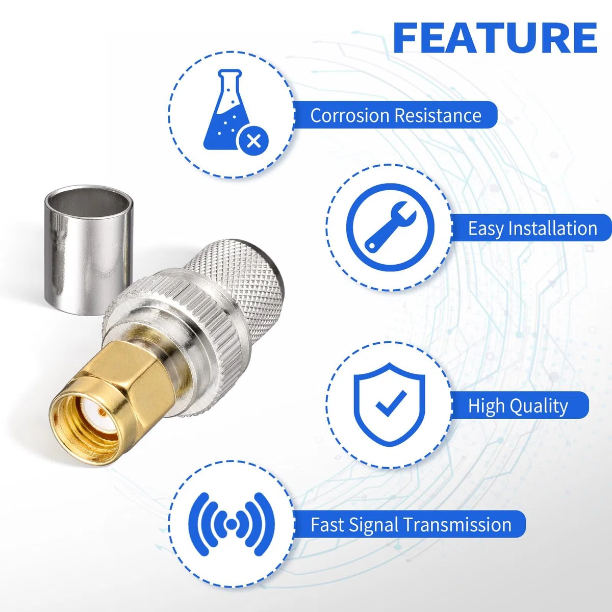 Superbat Kit de Conector RPSMA 5Piezas RPSMA Macho Conector de Crimpado y Soldadura 50ohm Conector Coaxial RF para Cables LMR-400 RG8 RG8/U RG213 y Belden-9913.