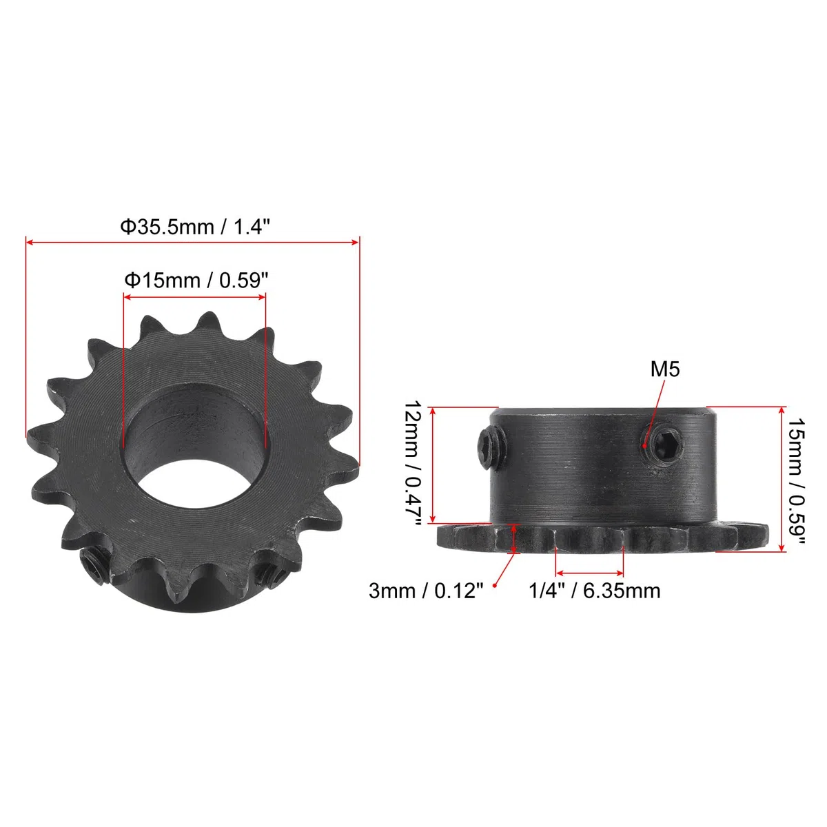 sourcing map #25 Cadena Rodillo Piñón, Diámetro 15mm Paso 1/4" 16 Dientes Simple Strand Piñón para Cadena Rodillos 25 Acero Carbono C45, con Pernos Ajuste para la Cadena ISO 04C, 2uds