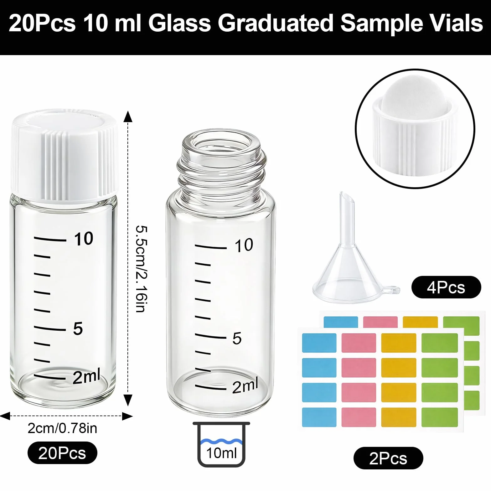 20 piezas 10ml muestra frascos, pequeños frascos de vidrio con tapón de rosca blanco, botellas de vidrio de muestreo transparente, mini botellas de vidrio con escala, viales de laboratorio