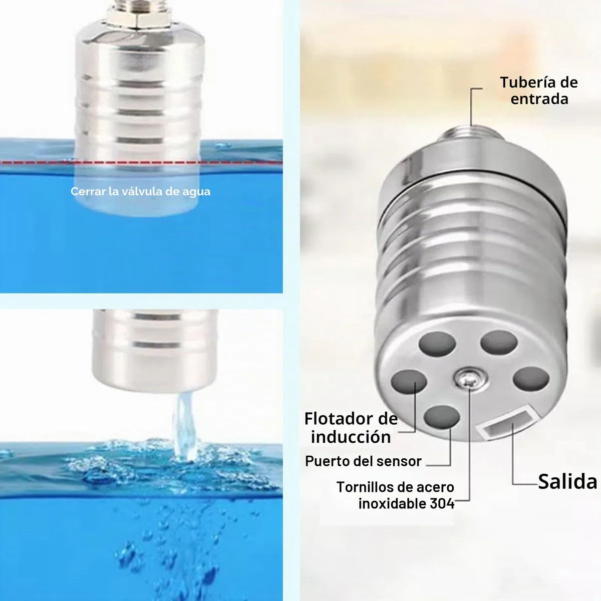 Válvula flotante de control de nivel de agua totalmente automática de acero inoxidable 304, controlador automático de nivel de agua para tanque de agua, (4 puntos de agua lateral + fuelle de 30 cm)