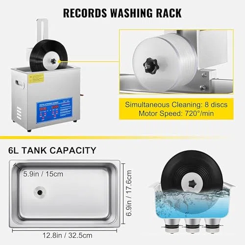 Máquina de limpieza ultrasónica, limpiador ultrasónico de discos de vinilo, sistema de doble cara con rotación automática y temporizador para restauración profesional.