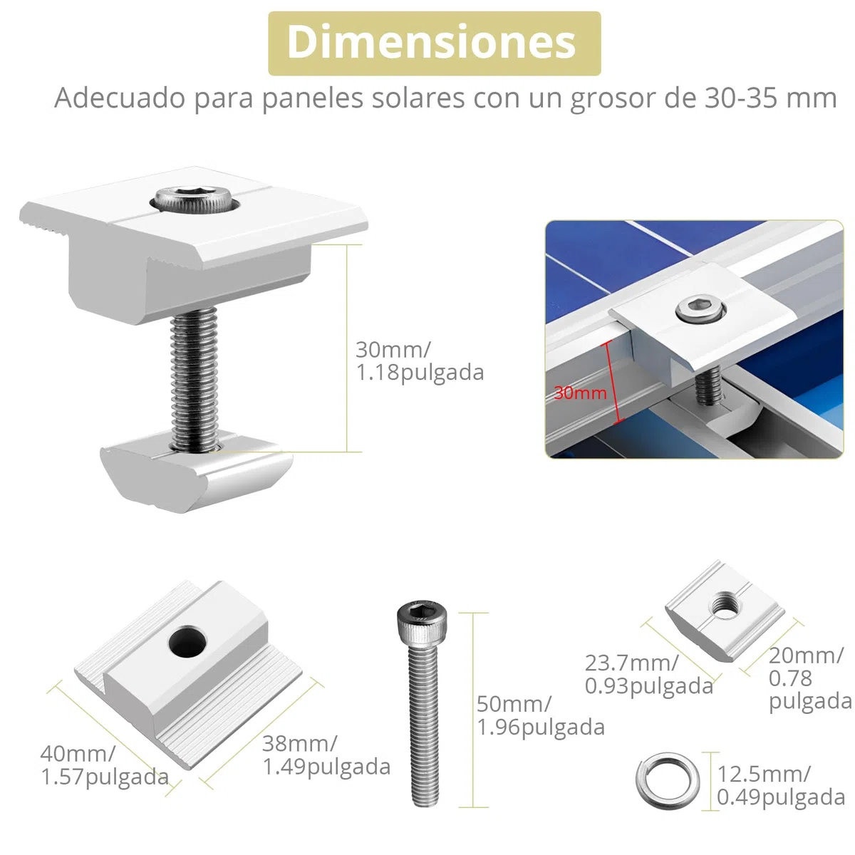 Anbte 10x Soporte de Montaje de Panel Solar, Abrazaderas Centrales para Panel Solar 30mm en Forma de T Aleación de Aluminio Tornillos M8 * 48mm para 30-35mm Enmarcado Paneles Fotovoltaicos
