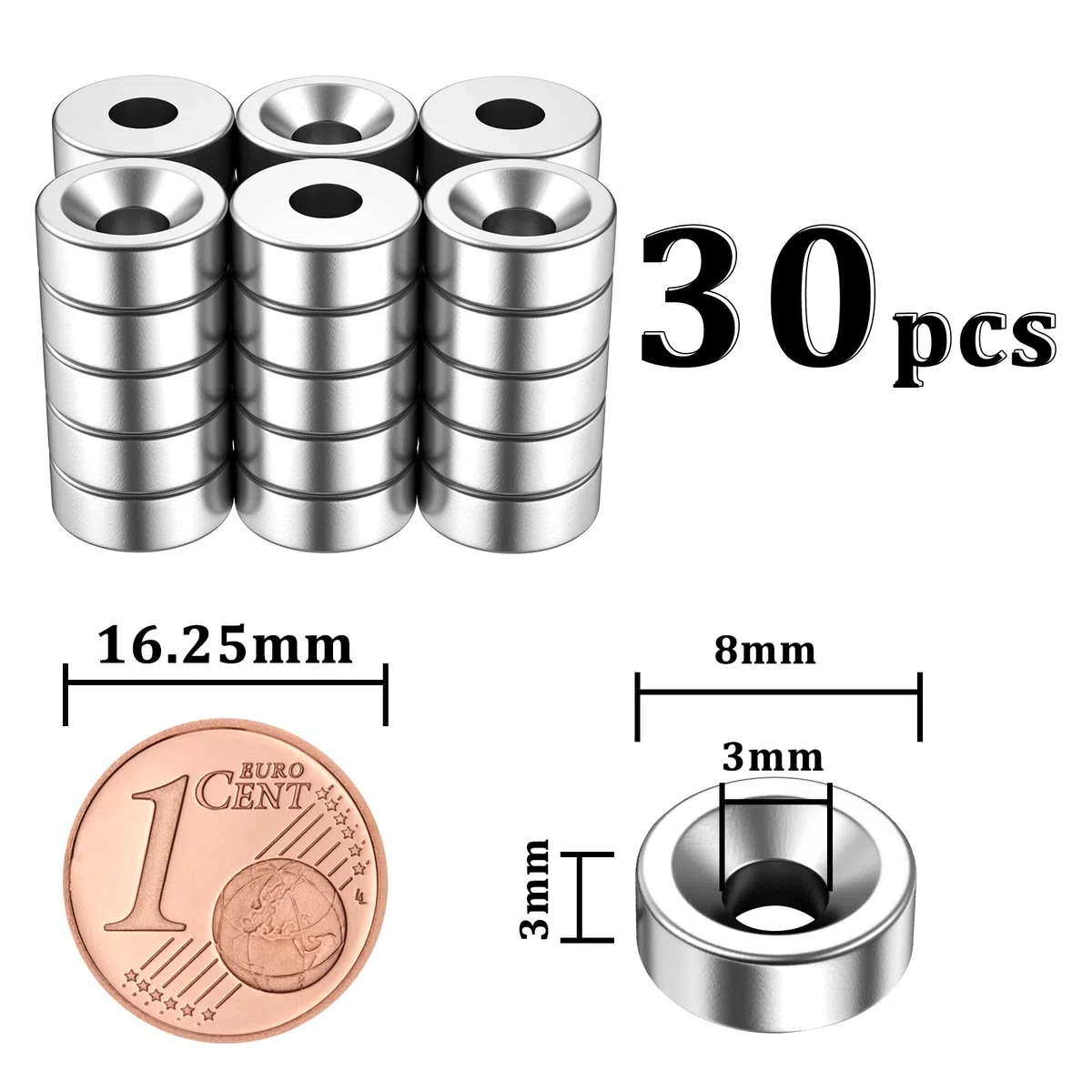 MIN CI 30 pcs Imanes de Neodimio Extra Fuertes, Grandes Imanes con Agujero 8 x 3 mm M3 Tornillos Planos Imán para Pizarra Magnética, Armario de Cocina, Frigorífico y Cabeza Avellanada Imanes