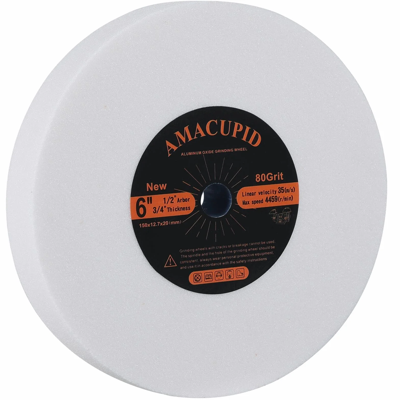 Muela de banco. Abrasivo de óxido de aluminio. Para rectificar acero templado, acero con alto contenido de carbono, etc. Diámetro de 150 mm, diámetro interior del mandril de 12,7 mm