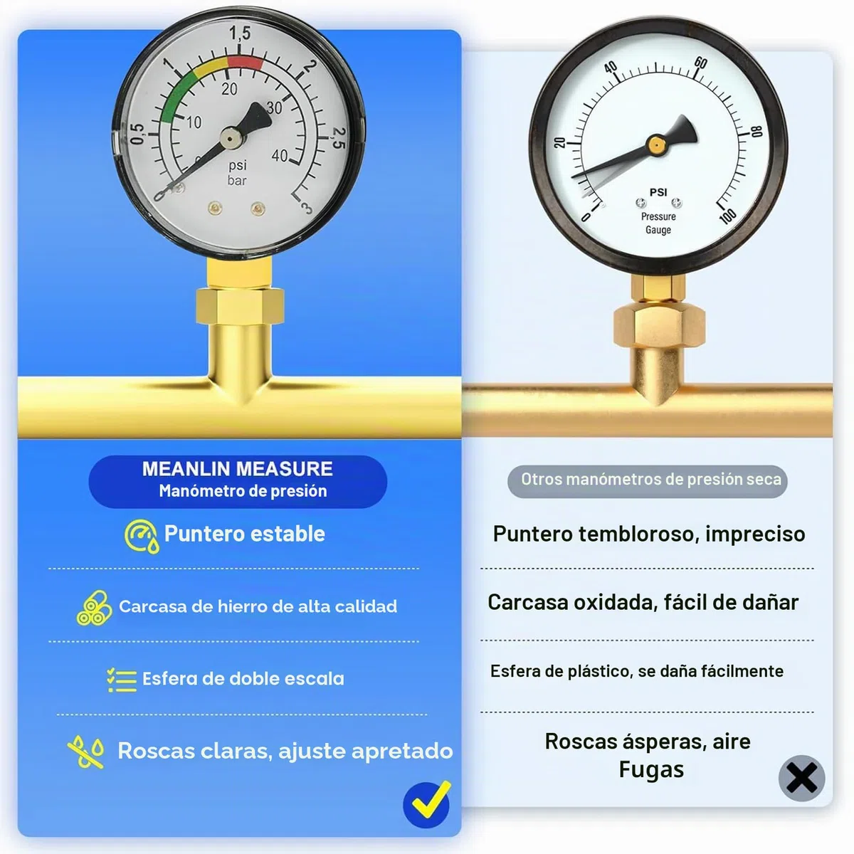 Manómetro de agua, manómetro de presión de piscina de 1/4 pulgada, doble escala de precisión, carcasa robusta de latón y acero inoxidable, instalación sencilla, duradero, versátil, para