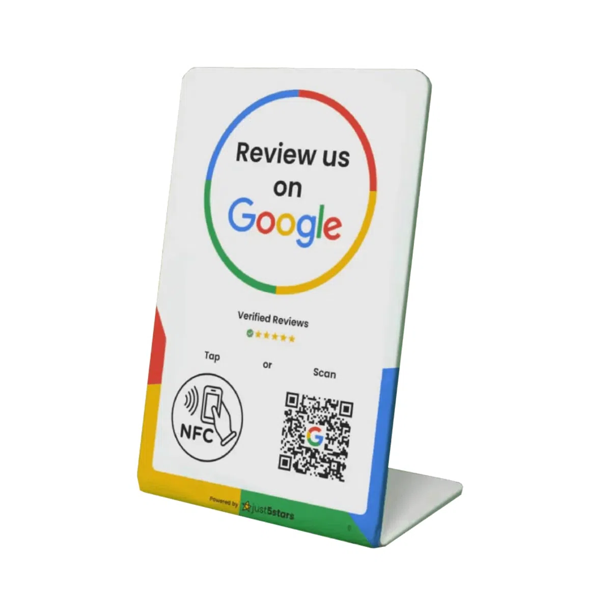 Soporte NFC y QR para Reseñas de Google, PVC, 10,8 X 16,5 cm, Diseño Profesional. Display/Expositor/Cartel/Stand