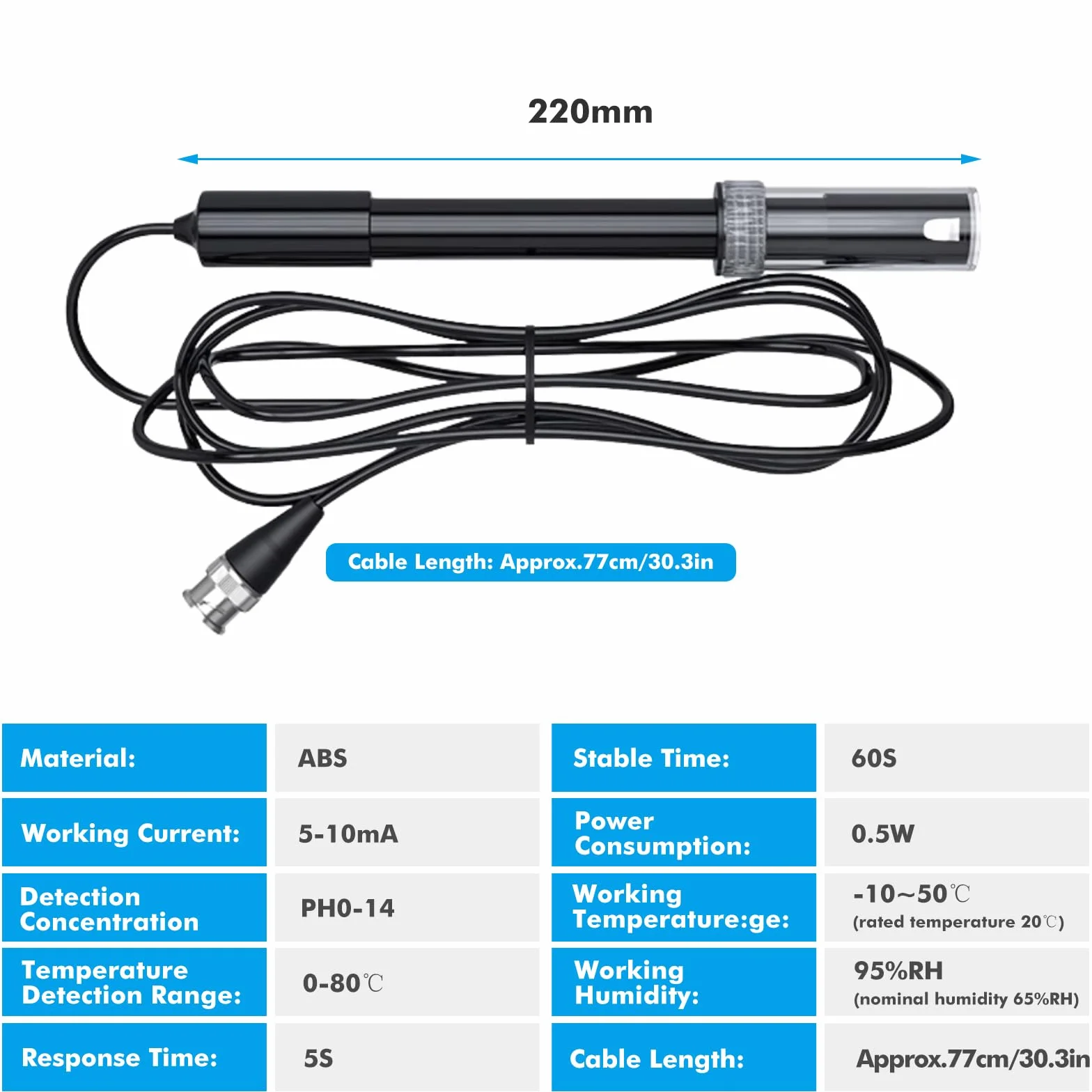 Sonda PH, 0-14, Electrodo De PH Largo Cuerpo PH Electrodo PH Dispositivo Sensor Con BNC Enchufe, Sonda De Ph Sonda/Electrodo De Repuesto Para Medidores PH Controlador PH Probador